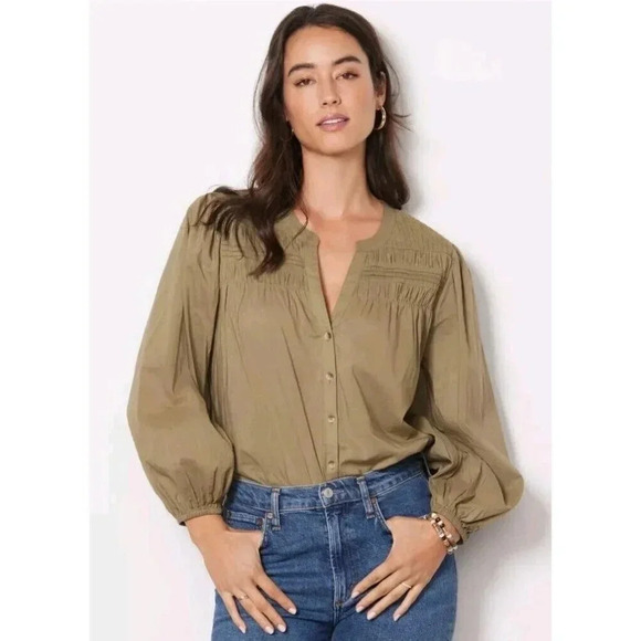 Cleobella River Pintuck Cotton Puff Sleeves Button Up Olive Green Blouse Top S - Picture 1 of 10